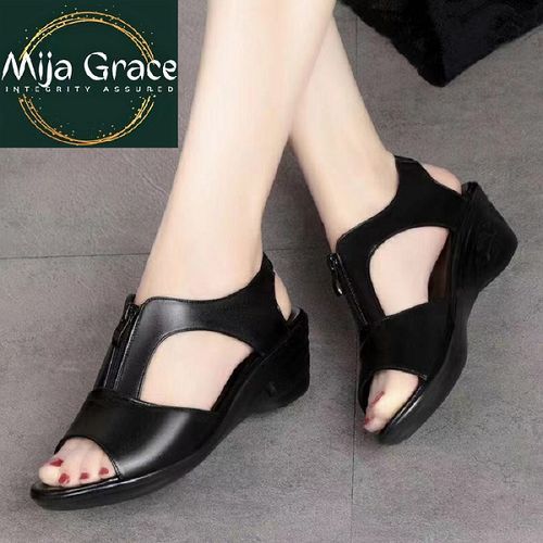 {MijaGrace}Women's Hollow Zipper Open Toe Fish Mouth Wedge Retro Sandals - BLACK