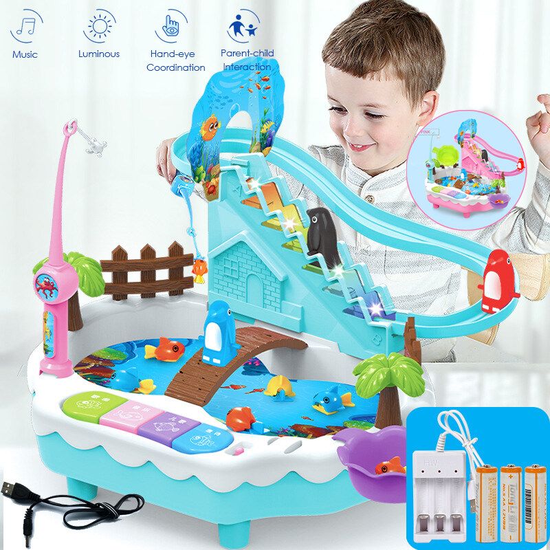 Kids Toys Electric Water Cycle Electric Magnetic Toy Penguin Climb Stairs Track Music Piano Light Electric Blue