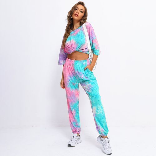 Female Street Style Round Neck Printing Loose Pants Suit