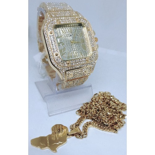 Men Non Fading Studded Gold Watch + Non Fading Necklace
