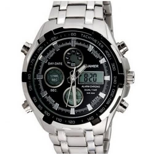 Black Dial Stainless Steel Analogue Digital Watch - Silver