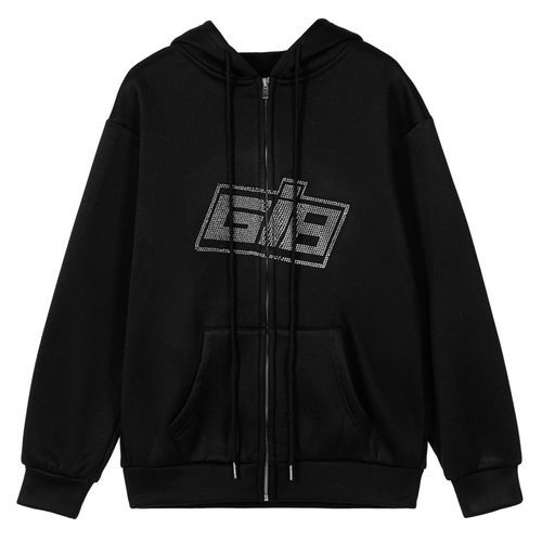 Letter Long-sleeved Zipper Cardigan Plus Fleece Sweater (Black)