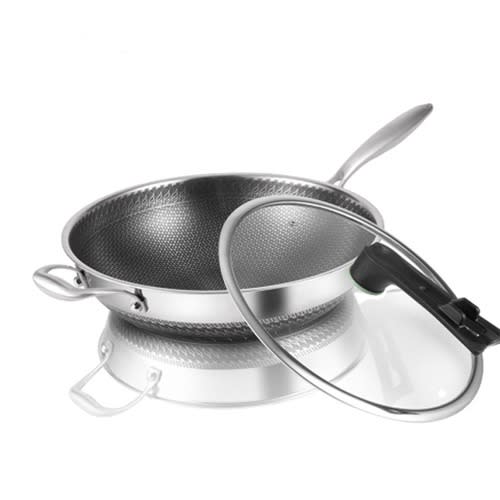 Honeycomb Stainless Steel Nonstick Wok Pan With Glass Lid - 32cm