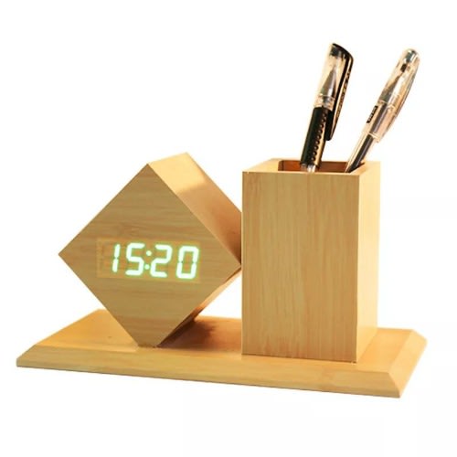 Wooden Digital Alarm Clock With Pen Holder