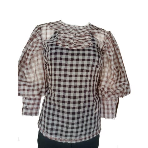 Ladies See Through Drafted Blouse With Flared Ball Sleeve - Dark Brown