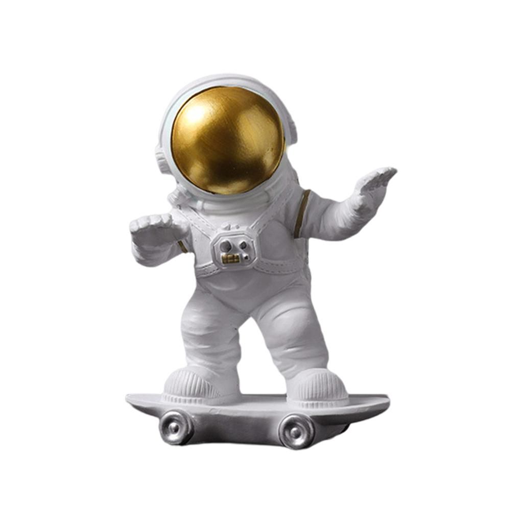 Outer Space Astronaut Skateboarding Figurine Statue Ornament Golden