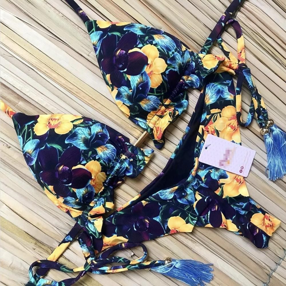 Popular Womens Beachwear Bikini Set Stamp Sport Swimwear Push-Up Padded Swimsuit Bodysuit Exquisite Bather Swimwea QS06 KIP