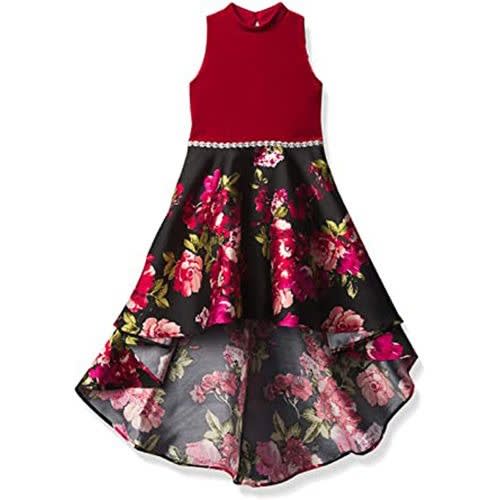 Velvet Bodice Hi Low Flowery Tafetta Skirt Dress