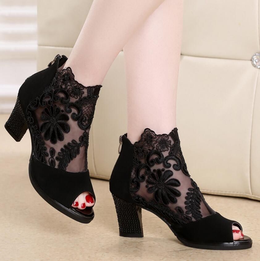 Lace Chunky Heels Shoes Sandals Wedges Peep-toe