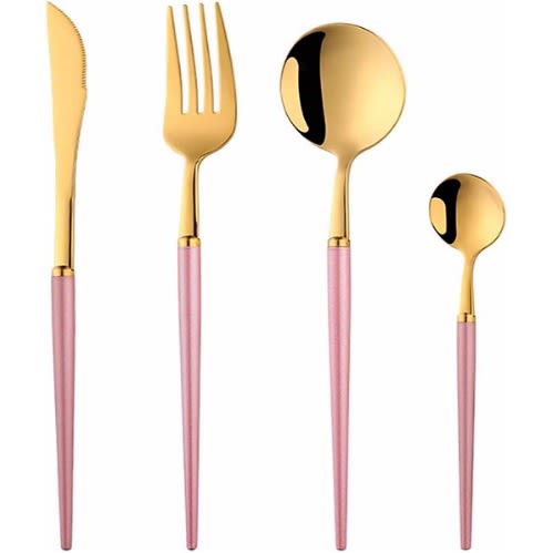 Stainless Steel Cutlery - 4 Pieces - Pink & Gold