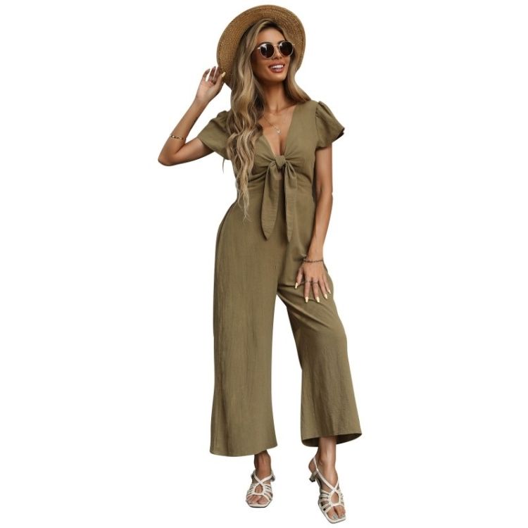 Women Solid Color Sexy Nine-point Wide-leg Jumpsuit