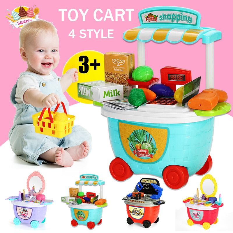 Sweety And Fun Trolley Ice Shop Dresser Cart Food Kids Pretend Play Role Toy Basket Set Shopping Toys Dressing Table DIY Gift Kids Children Style 4 Orange