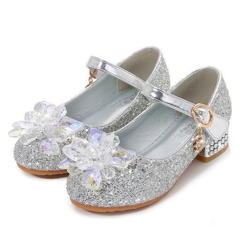 Girls Single Sequined Flower Velcro Student Show Catwalk Low-heeled Shoes Silver