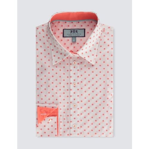 Women's White & Orange Daisy Print Spot Semi Fitted Shirt