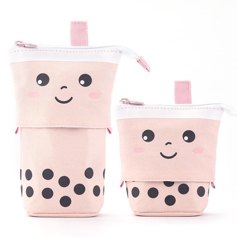 GZ Korean creative cute milk tea drop-down pen bag can stand retractable round cute cartoon pen holder storage Peach Milk Tea Pull Down Pencil Case