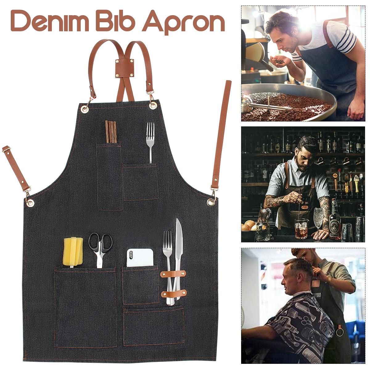 Denim Bib Apron Leather Strap Barista Baker Bartender BBQ Chef Work Uniform Cook