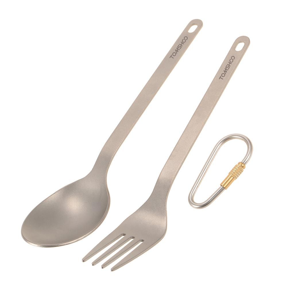 TOMSHOO Titanium Tableware Dinner Frok Spoon Cutlery Set Flatware with Carabiner Storage Sack  for Home Outdoor Camping