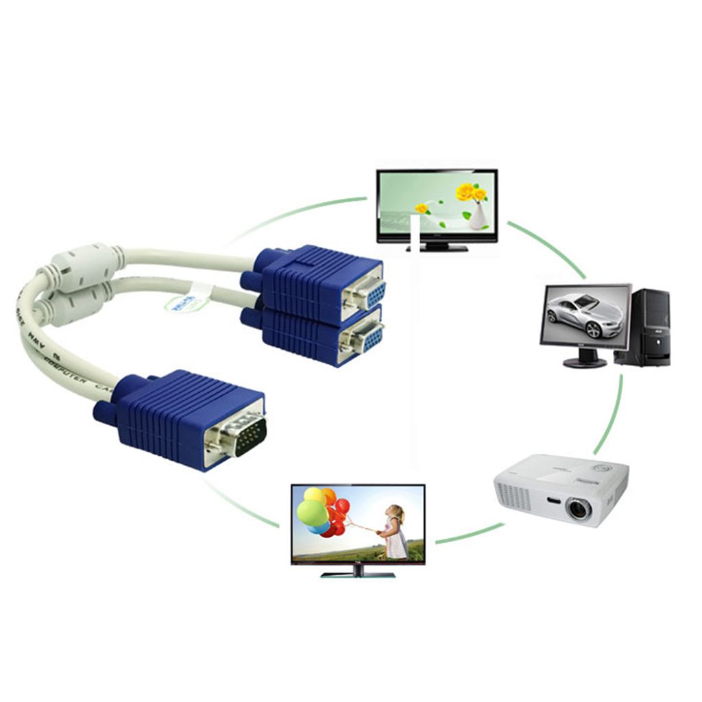 15Pin VGA 1 Male To Dual 2 VGA Female Monitor Y Adapter Splitter Video