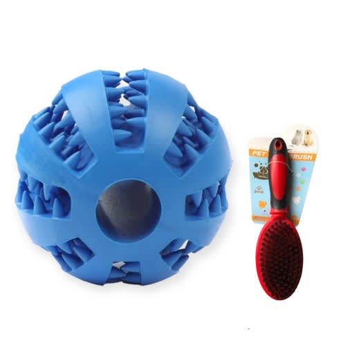Dog & Cat Ball Toy Rubber - Pet Bite Chew & Pet Brush