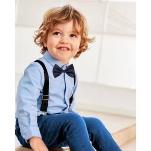 Kids Unisex Dress Shirt With Matching Bowtie And Suspender - Navy Bowtie - Black Suspender
