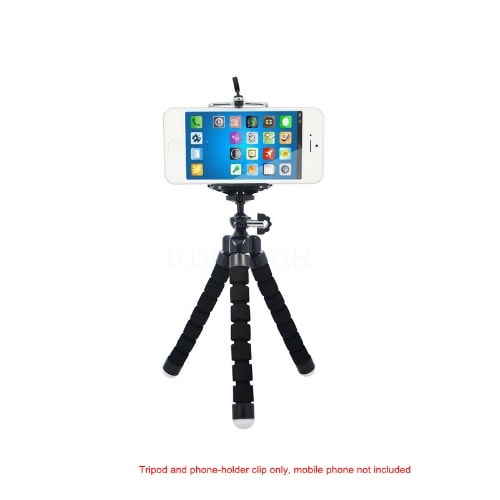 18cm Mini Flexible Sponge Octopus Tripod With Phone Holder Clip - Black