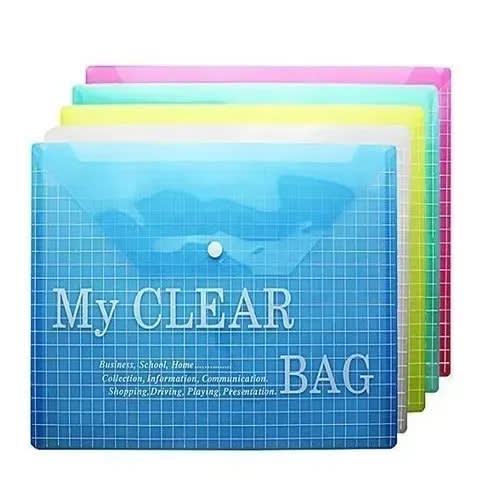 A4 Clear Bag Plastic Popper Files Folders - 12 Pieces - Multicolor