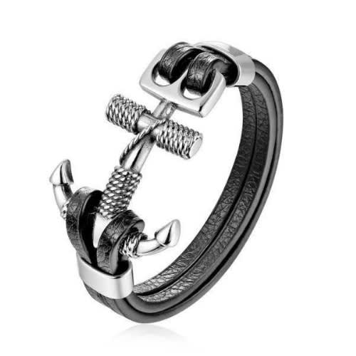 Men's Leather Silver Anchor Bracelet