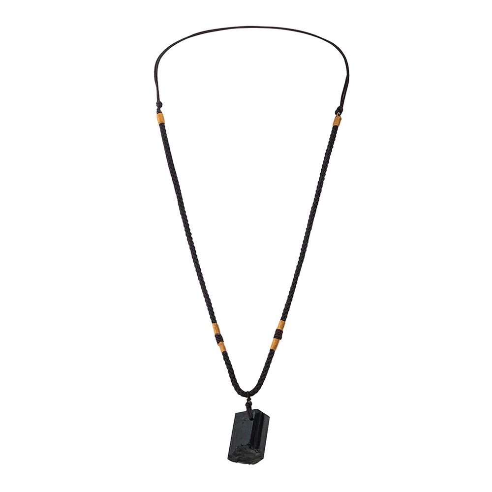 Women Men Black Natural Tourmaline Stone Pendant Necklace
