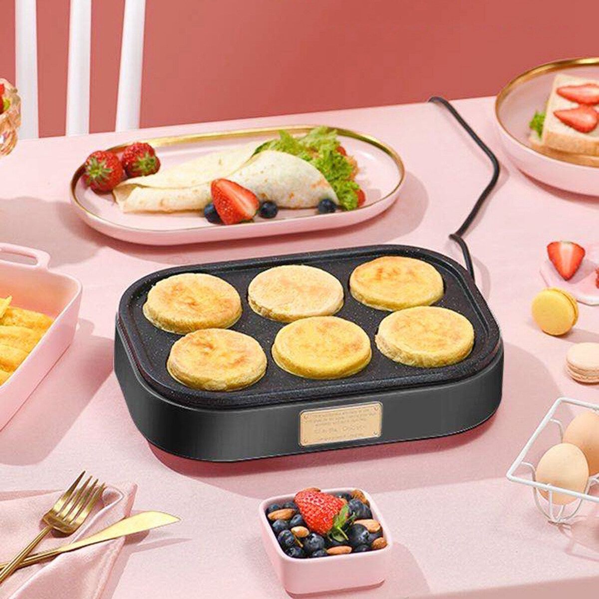 220V 900W Electric Pan Fried Eggs Roasted Hamburger Pancake Machine Red Beans Cake - Black, Pink, White Pink