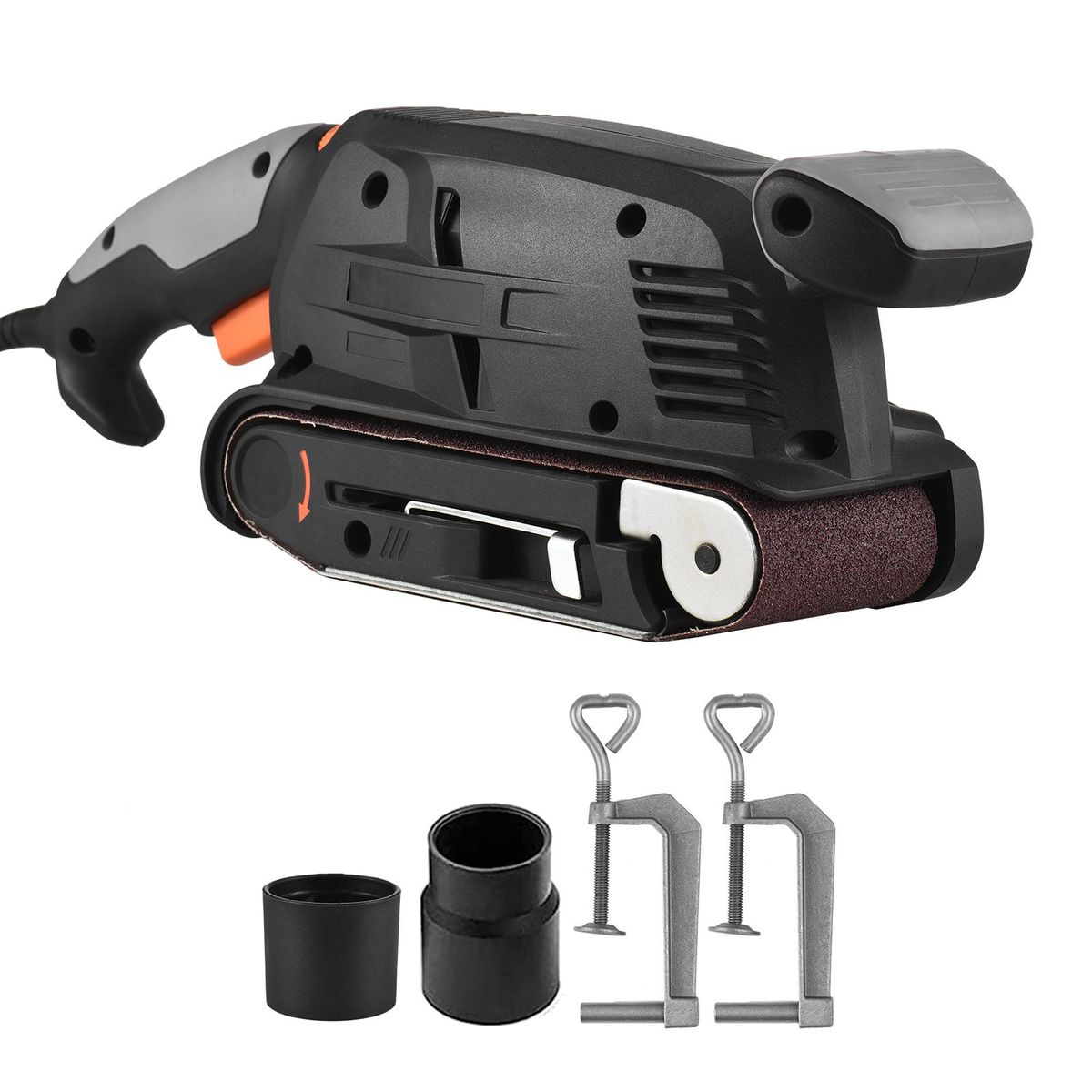 600W Electric Belt Sander for Wood Variable Speed Power Sander Woodworking Polishing Machine with Dust Collection Box, 2 Vacuum Cleaner Adapters, Adjustable Screw Clamp