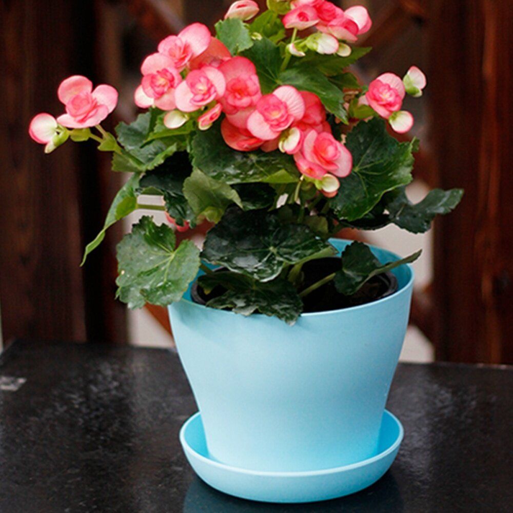 Decorative Flower Pots Gloss Plastic Plant Pots Planter Saucer Tray Blue
