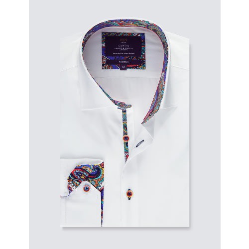Men&rsquo;s Plain White Contrast Stretch Slim Fit Shirt - Low Collar - Single Cuff
