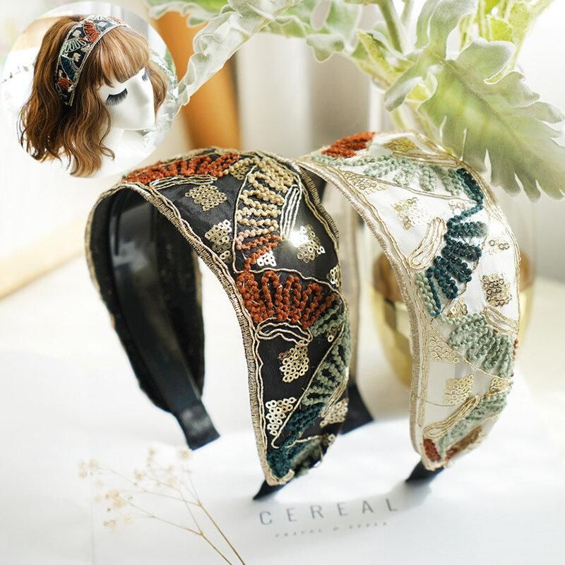 Vintage Velvet Thread Wide Embroidery Hairband Sequin Flower Embroidery Anti-slip Headband
