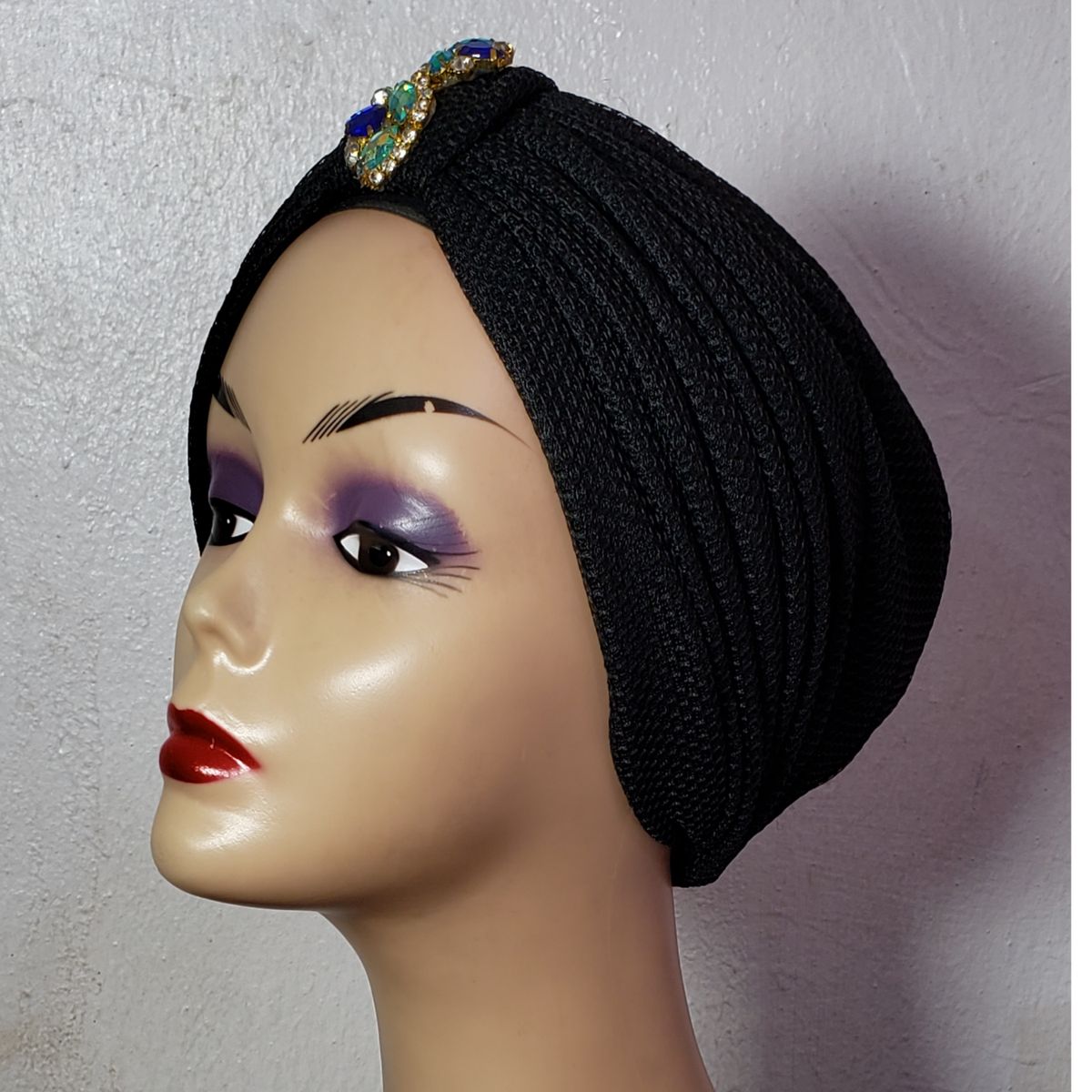 BLACK TURBAN CAP With Blue Brooch