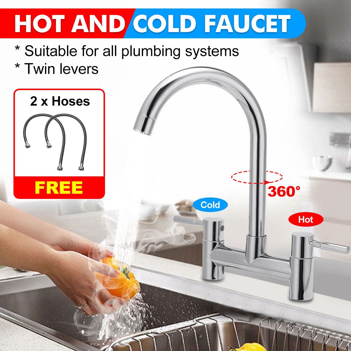(Hot & Cold) 360&deg; Modern Kitchen Sink Mixer Tap Faucet Tap Chrome Monobloc Basin Twin Lever Taps Swivel For Home Kitchen Bar Sink Bathtub