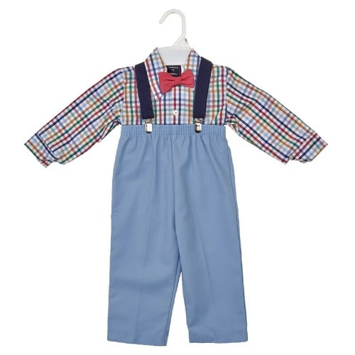 Baby Boys Plaid Box Shirt With Pant Trouser, Suspender And Bow Tie- Blue