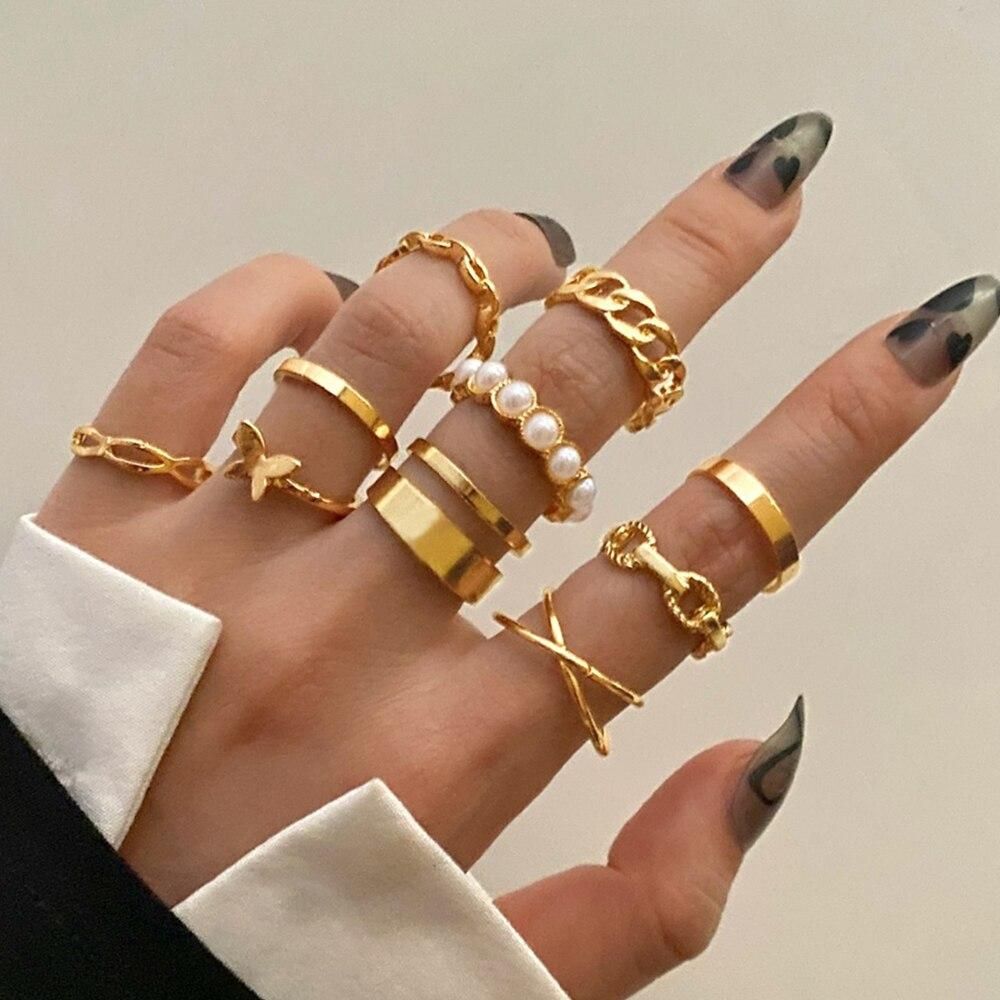 IPARAM Bohemian Geometric Hollw Out Wide Ring Set Women's Vintage Butterfly Circle Joint Ring Boho Finger Rings Jewelry