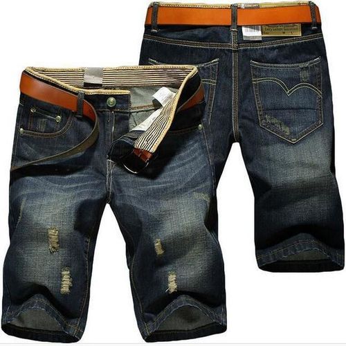 2 Pcs Men's Cropped Ripped Denim Shorts （navy Blue+light Blue）