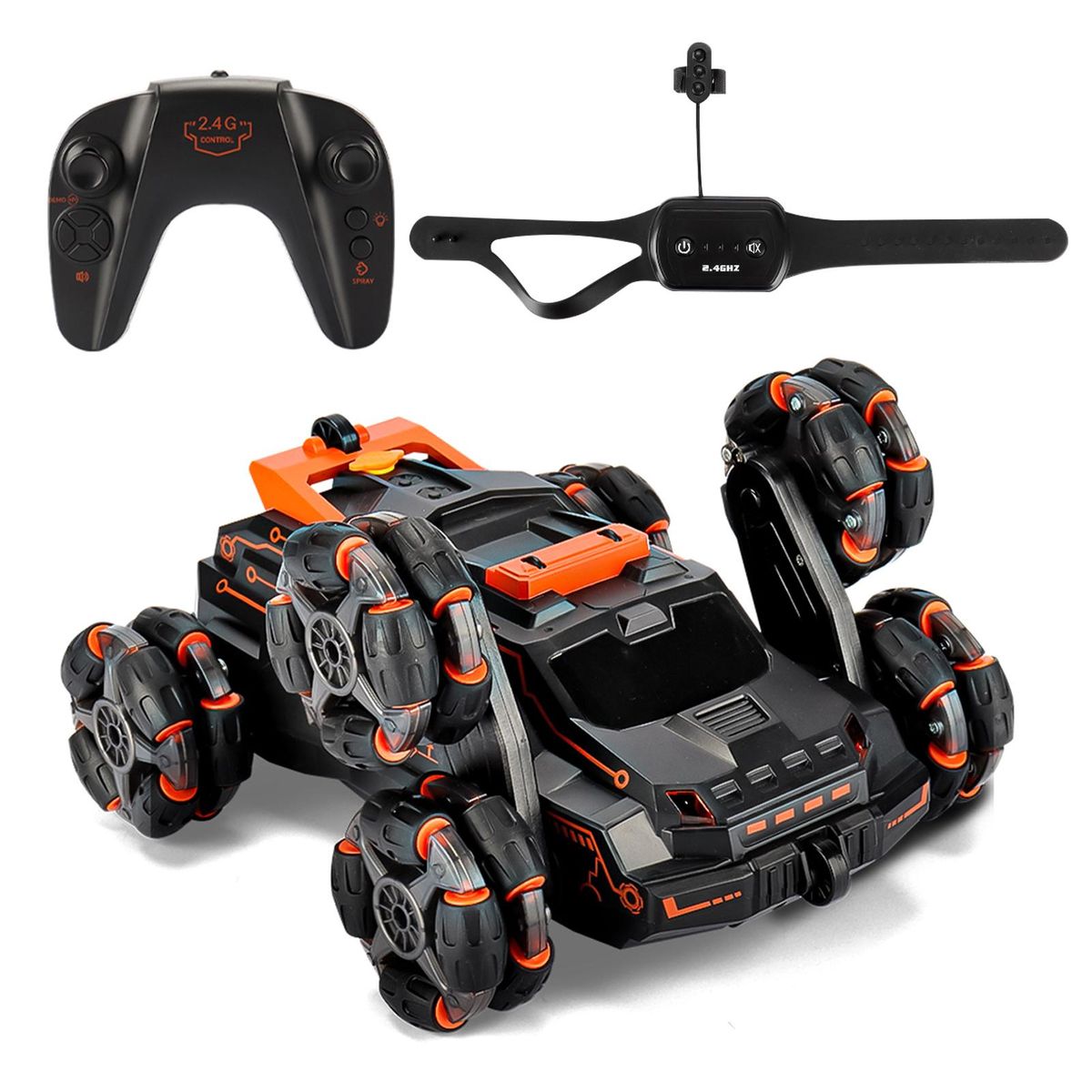 RC Stunt Car for Kids 2.4GHz 4WD Remote Control Stunt Car 2 Control Mode Double Sided 360&deg; Rotating Vehicles with Spray Music Light
