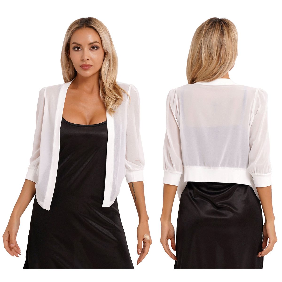 Womens Solid Color Semi See-Through Shrug Bolero 3/4 Puff