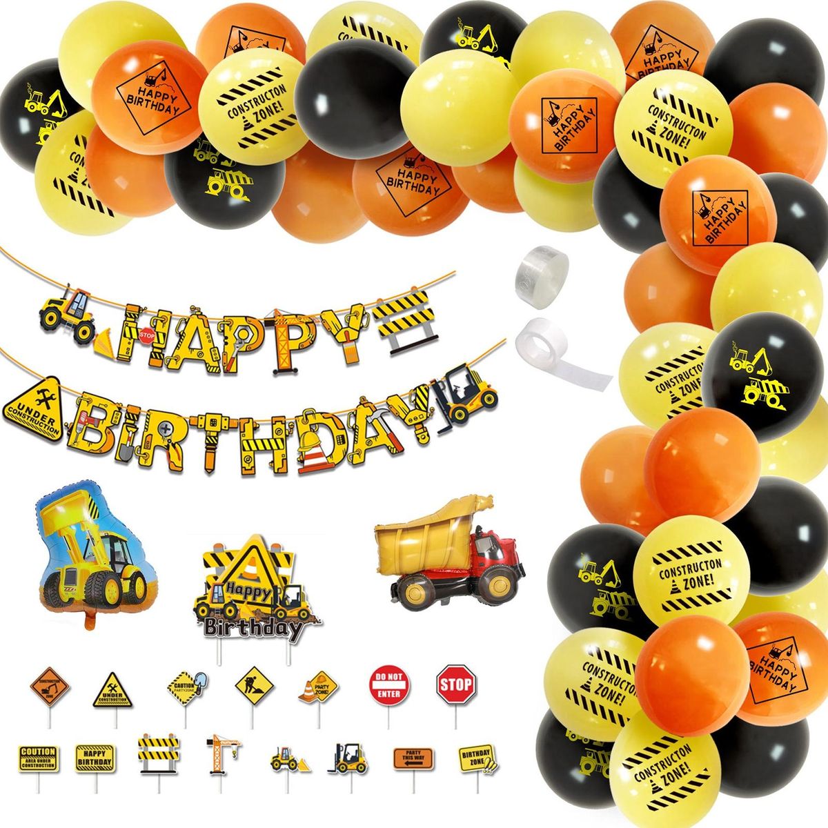 1 Set Birthday Party Decor Hanging Banner Cake Topper Foil Balloons Set Yellow