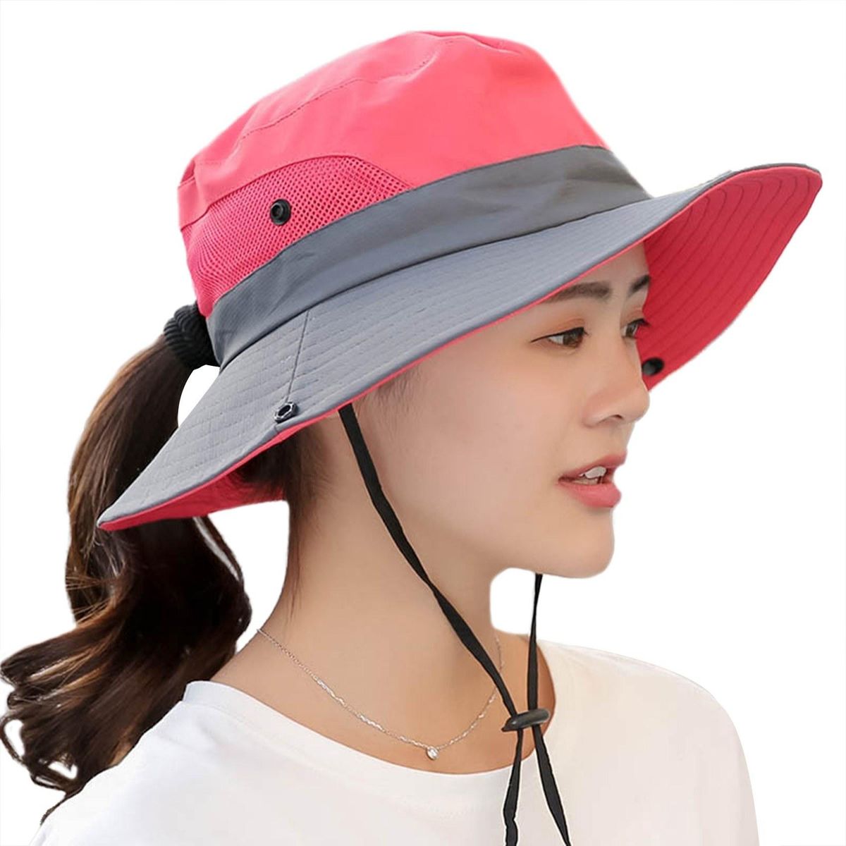 Fishing Hat for Women Men Mesh Outdoor Summer UV Protective Hat Wide Brim Foldable Cap with Ponytail Hole