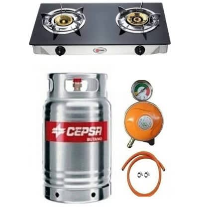 12.5kg Stainless Gas Cylinder With Glass Top Double Burner, Metered Regulator, Hose & Clip