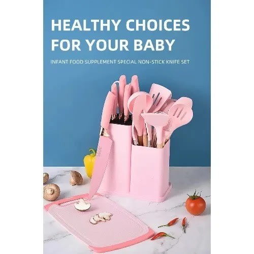 Non-stick Silicone Kitchen Utensils With Holder - Set Of 19 - Pink