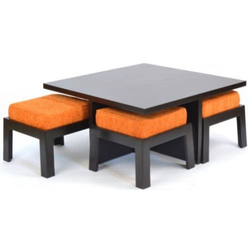 Wooden Center Table or Coffee Table and 4 Stools - Coffee Brown with Orange Sofa