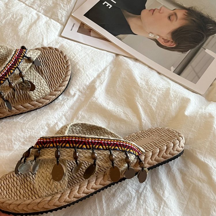 Cross Slippers Flat Flip Flop Soft Bottom Simple Outer Wear Plain Color