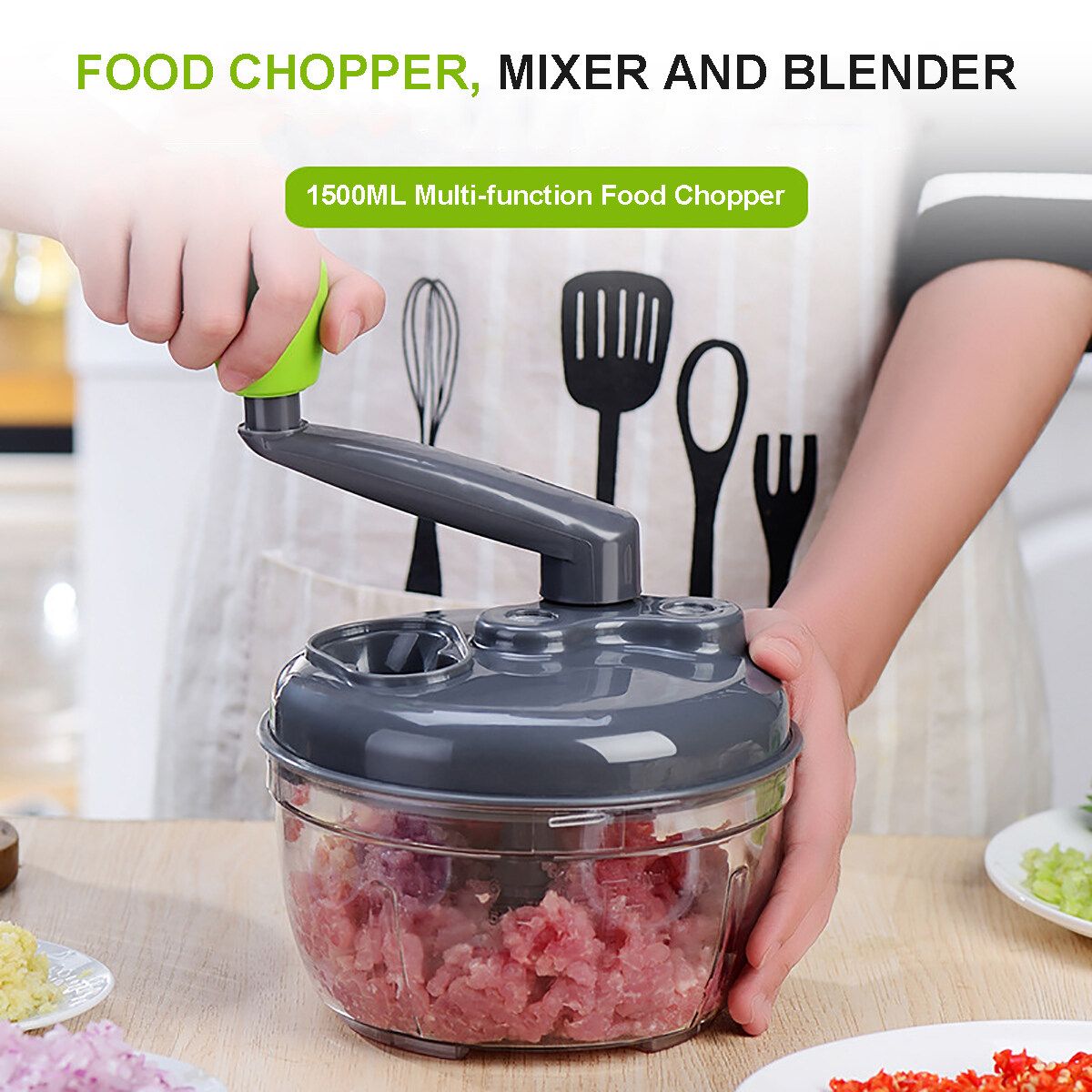 Manual Meat Grinders Vegetable Egg Separator Food Processor Chopper Mixer Grinder Dicer With Clear Container 1500ml BPA Free Grey-2