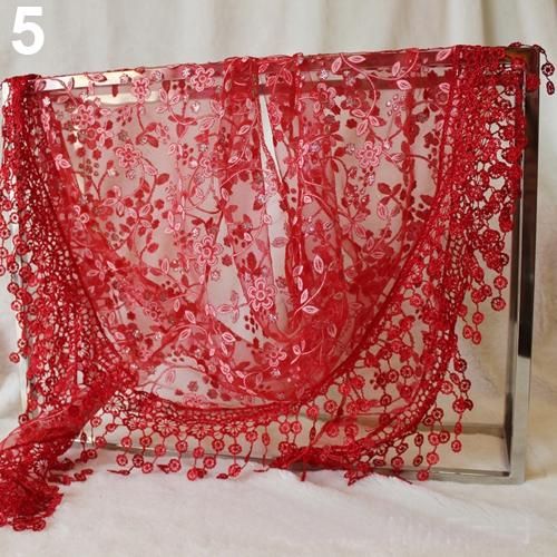 Elegant Triangle Floral Lace Wrap Scarf Women Tassel-Red