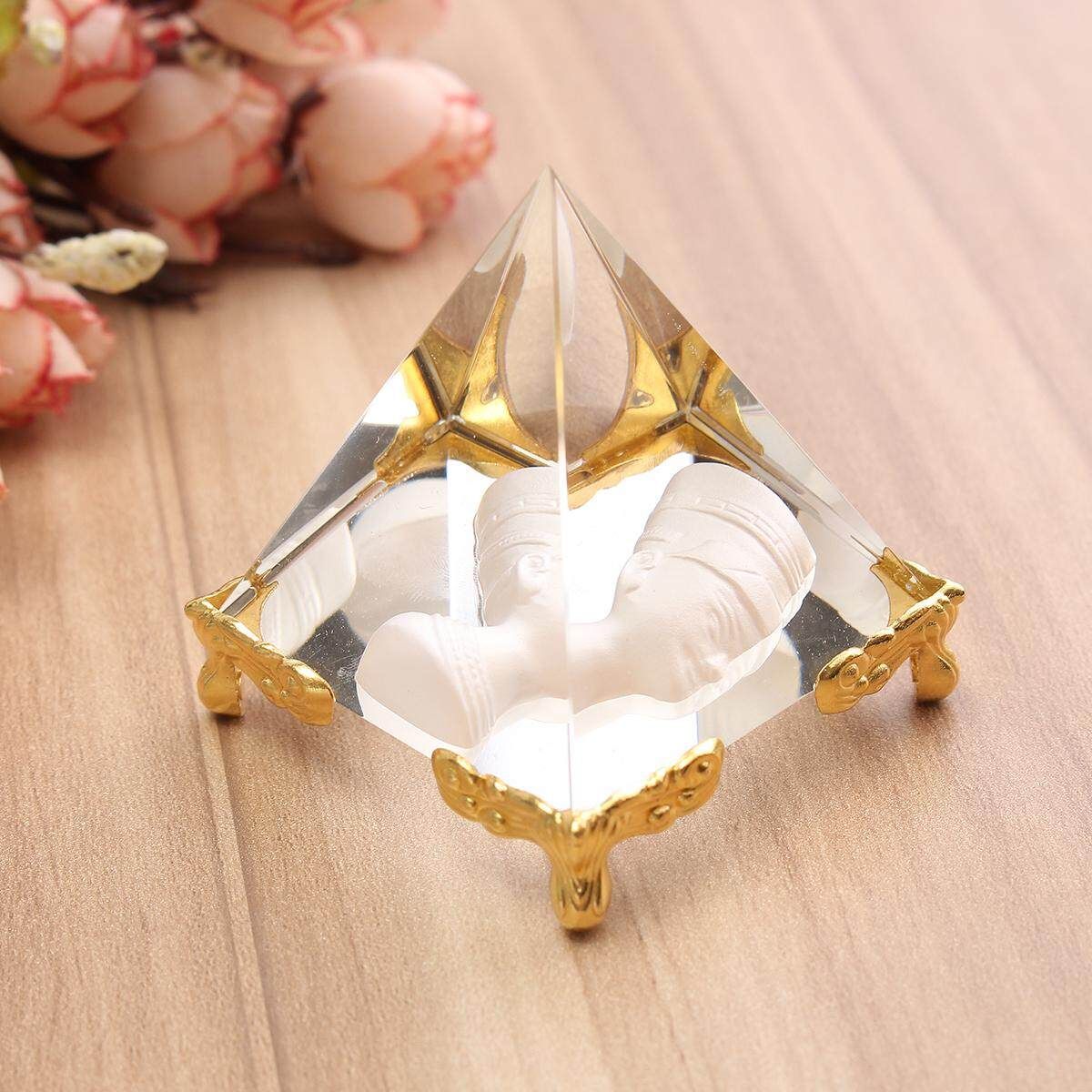 2inch Pharaoh Crystal Pyramid Egypt Clear Quartz Table Decor+Golden Stand