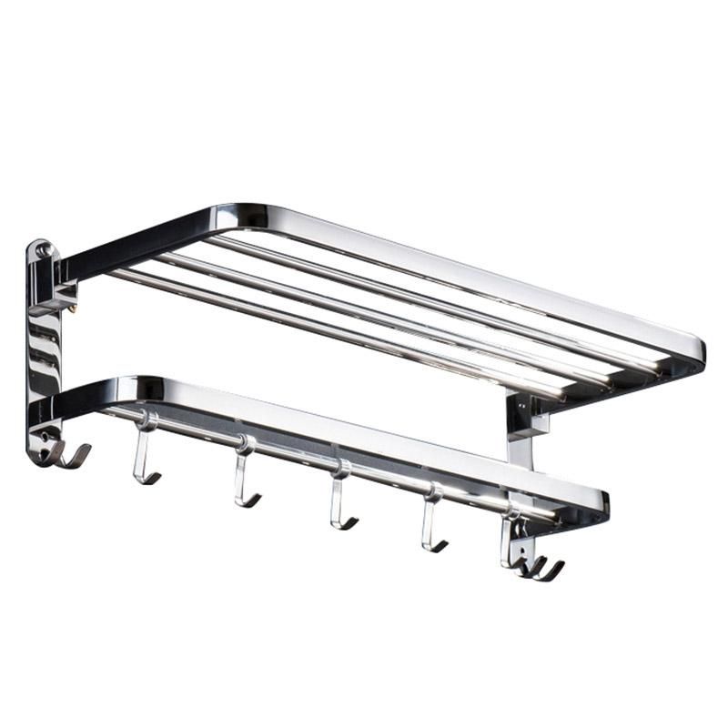 Multifunctional Stainless Steel Anti-Rust Toilet Bathroom Foldable Towel Rack Wall Mounted Storage Double Level with Hooks Rod Hanging Bar